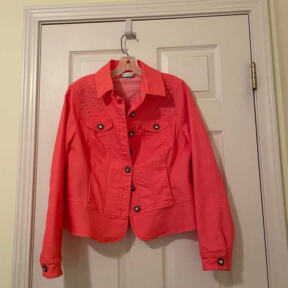 Denim jacket in pretty coral color by Christopher & Banks